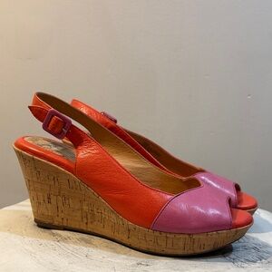 Y2K Rom Com Valentine’s Day Pink and Red Leather Slingback Cork Wedges, 8.5